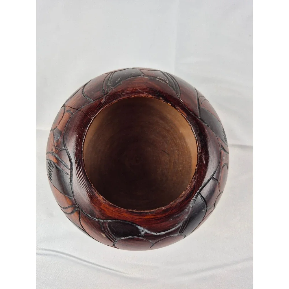 Vintage Hand Carved Wood Bowl Floral Design Dark Stain Boho Decor‎ Rustic